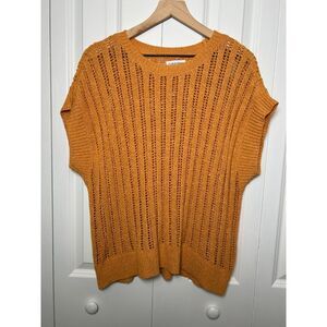 Calvin Klein Open Stitch Pointelle Short Sleeve Knit Sweater Top Orange Large